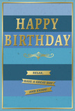 This stylish birthday card combines layers of blue with gleaming gold details to create a mood of calm celebration, like a quiet birthday breakfast overlooking one of Milton Keynes' many lakes. The background is a sequence of broad, horizontal blue stripes that move gently from dark navy at the top through mid-toned ocean blues to a lighter, airy blue near the centre, giving the impression of depth and soft movement. Centered across these stripes, the words HAPPY BIRTHDAY appear in large, embossed gold capitals, the metallic lettering slightly raised from the surface so that it catches the light with each angle, shining but never garish. Just below the main greeting lies a delicate golden flourish, a stylised scroll that introduces a touch of romance and traditional elegance. Beneath this flourish, three slim, gold ribbon banners are carefully spaced one under another, each one embossed with the friendly, reassuring message: Relax, have a great day and enjoy! The banners echo the card's horizontal rhythm, grounding the design and drawing the eye gently downward. Around the edge, a fine gold border encircles the card, giving it a tidy, framed appearance, as if ready to be displayed on a mantel in Shenley Church End or beside a freshly delivered bouquet on a kitchen table. The texture of the card stock appears smooth and slightly velvety, with the juxtaposition of matte blues and glossy gold embossing adding subtle tactile interest. Overall, this birthday card feels quietly luxurious and heartfelt, ideal for accompanying locally delivered flowers and sending warm, unhurried wishes across Milton Keynes.